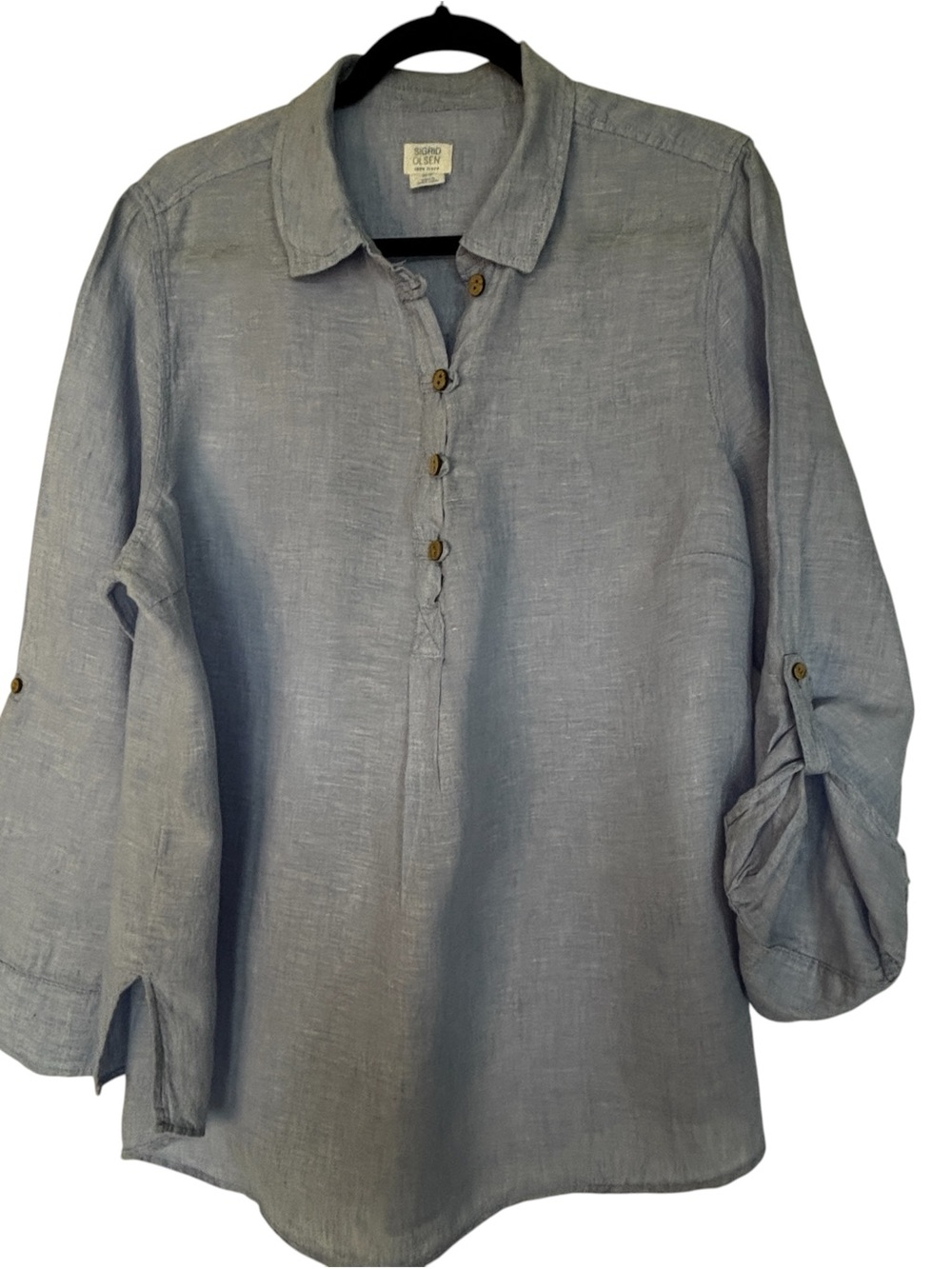 Sigfrid Olsen 1X Blue Linen 1/4 Button Front Collar Long Sleeve Roll Tab Tunic